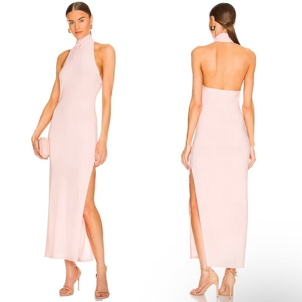 Norma Kamali x REVOLVE Halter Turtle Side Slit Gown in Blush